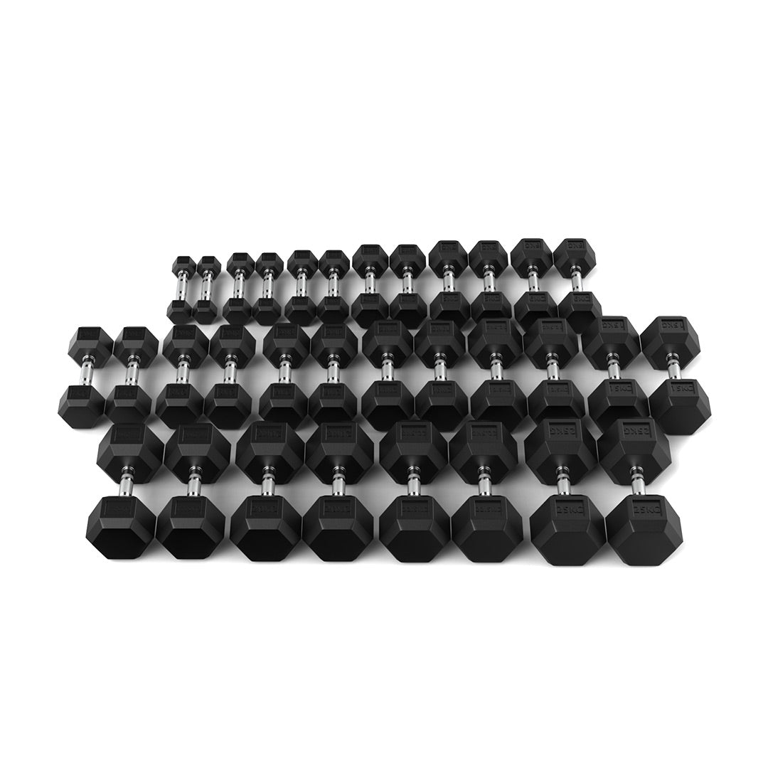 1-25kg Rubber Hex Dumbbell Set front shot