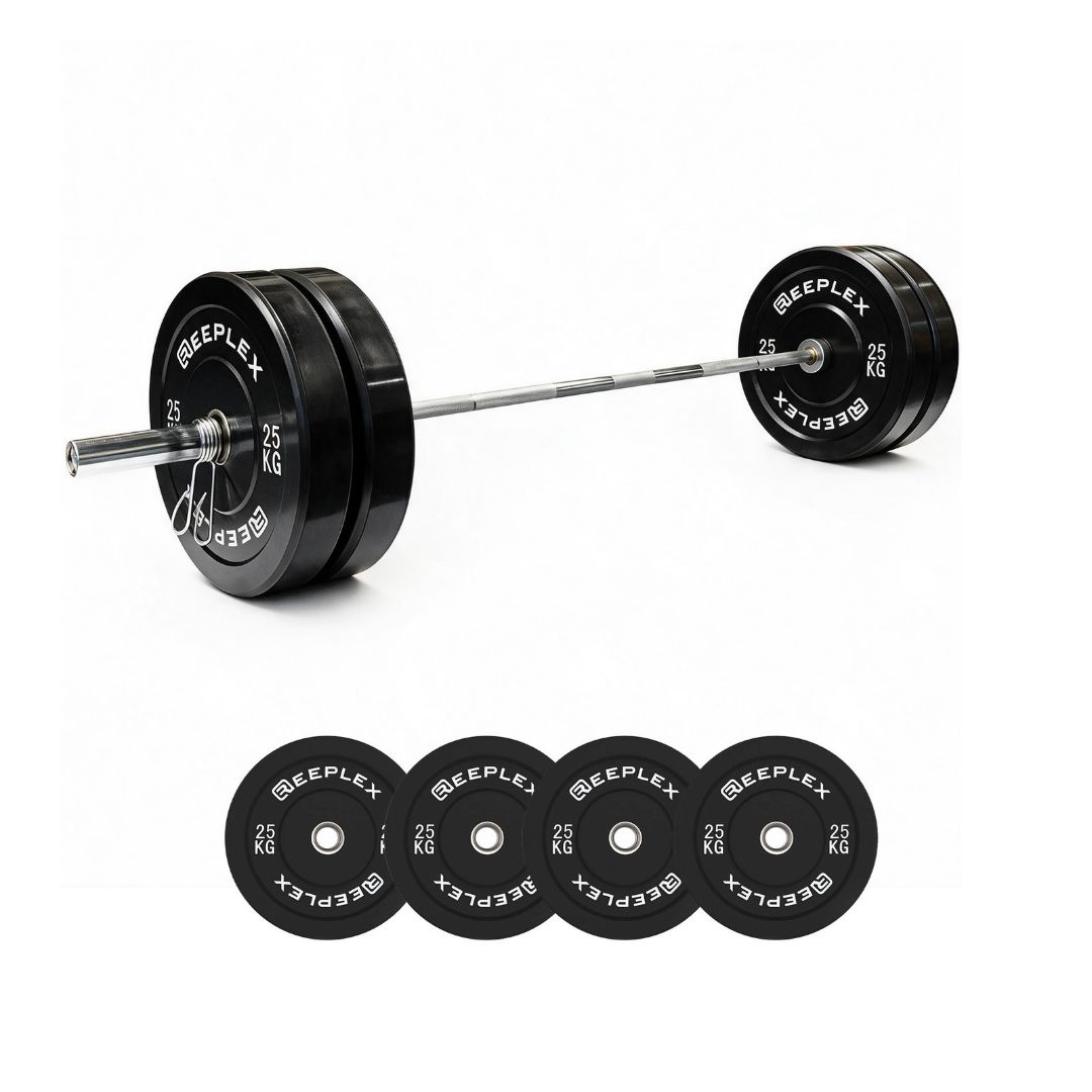 120kg Pro Olympic Barbell + Black Bumper Weight Set with Clips