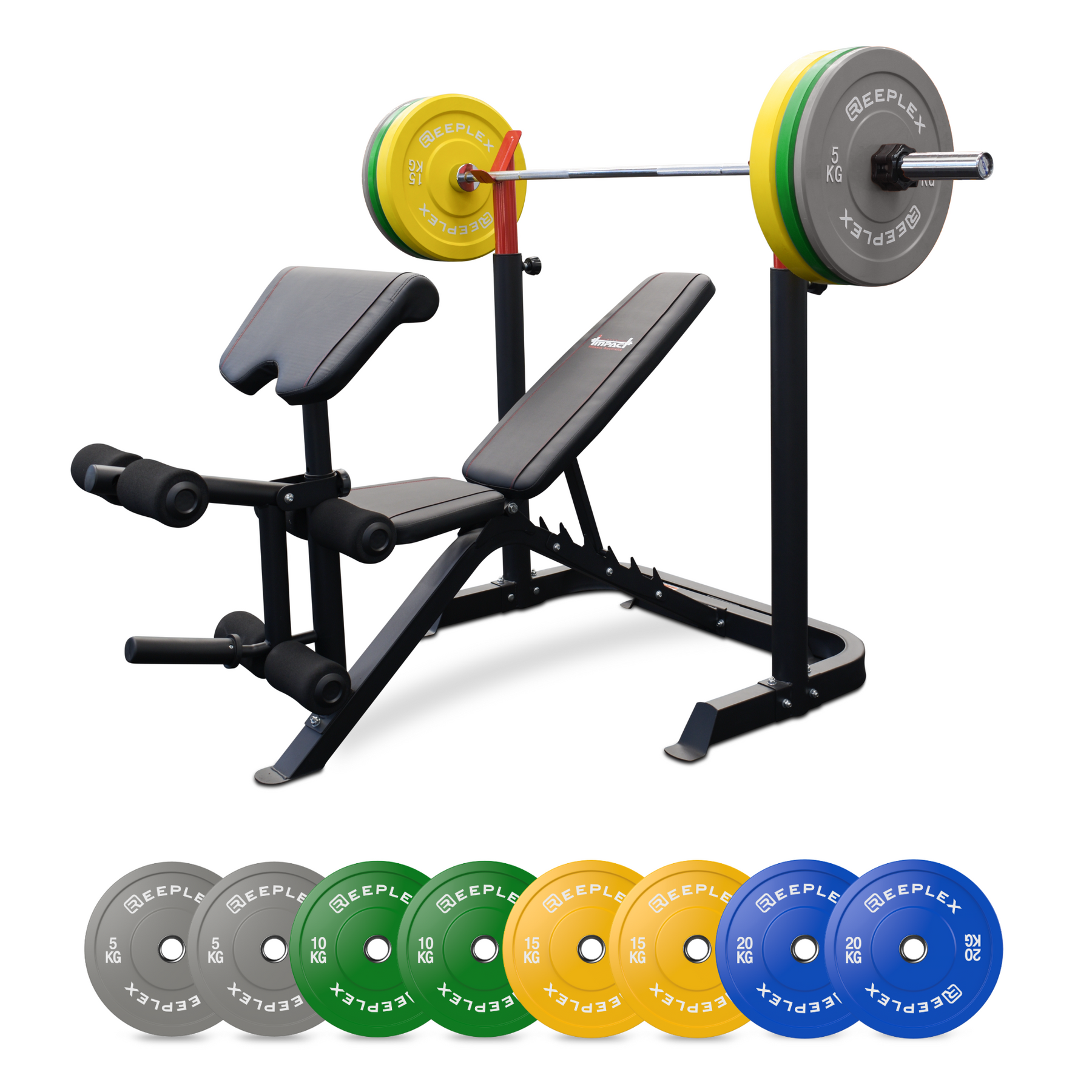 Impact Fitness BP7 + 120kg Olympic Pro Coloured Bumper Set