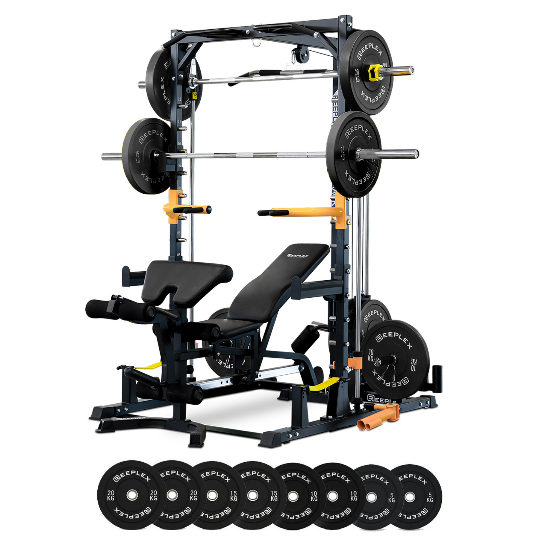 Reeplex RM90 Squat Rack + Smith Machine, Lat Pulldown, Adjustable Bench & 100kg Bumper Weights.