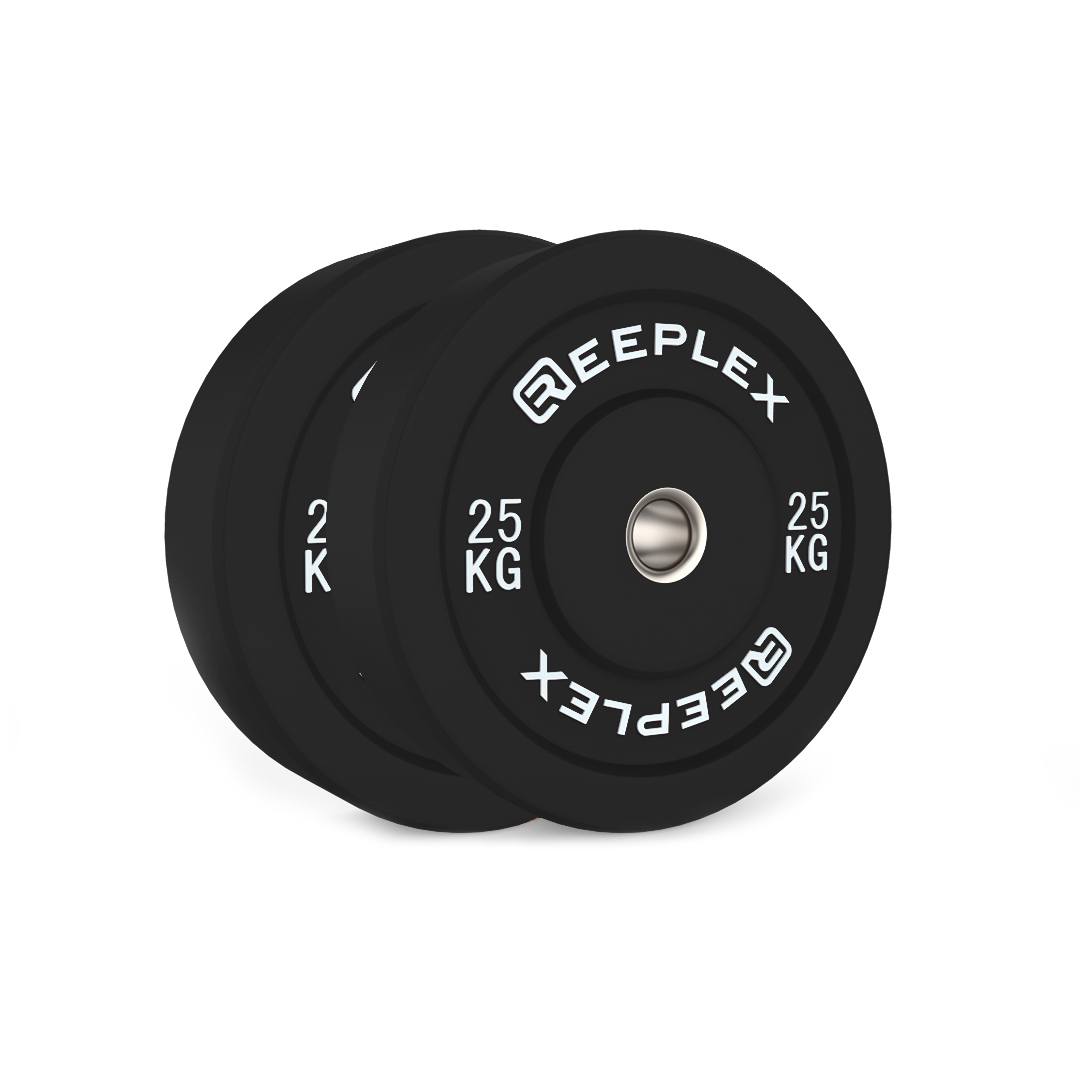 Reeplex 25kg Black Bumper Plates pair angle view