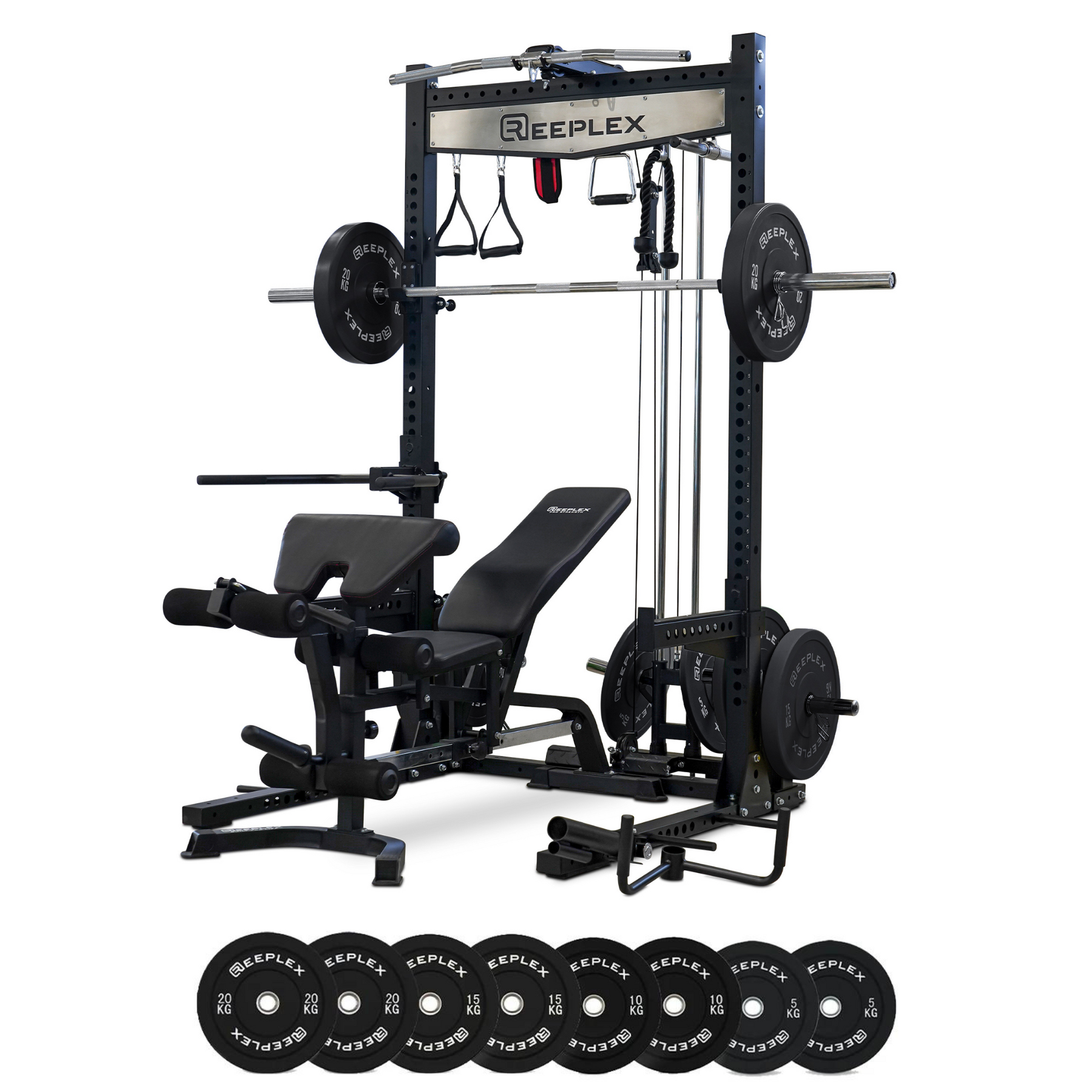 Reeplex RPR8 Squat Rack + Adjustable Bench + 100kg Black Bumper Weights + Barbell