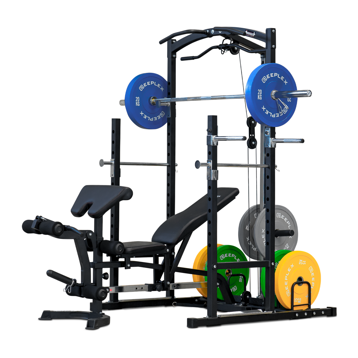 Squat Rack with Lat Pulldown + Adjustable Bench + 120kg Coloured Bumper Set