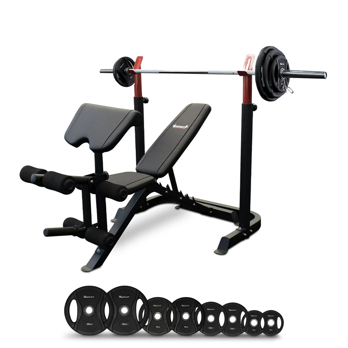 Squat Rack and Bench Press Package with 100kg PVC Olympic Plates, Leg Developer, 7ft Olympic Barbell