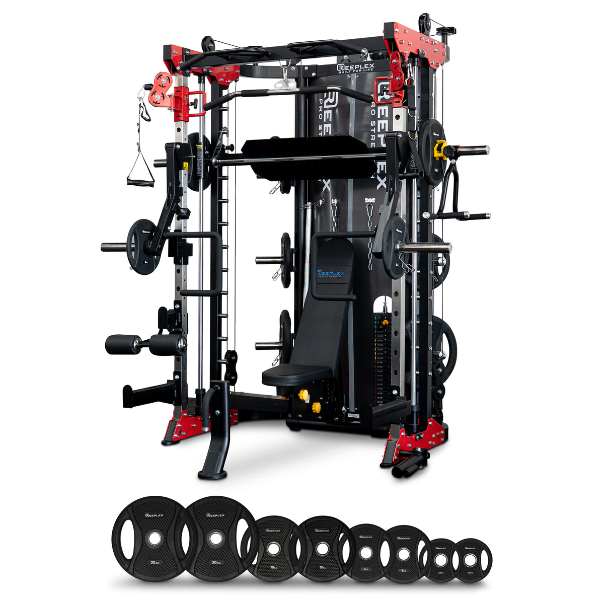 Reeplex CBT-PN Multi Station Gym + FID Bench + 100kg PVC Olympic Weights + Olympic Barbell + Jammer Arms + Leg press