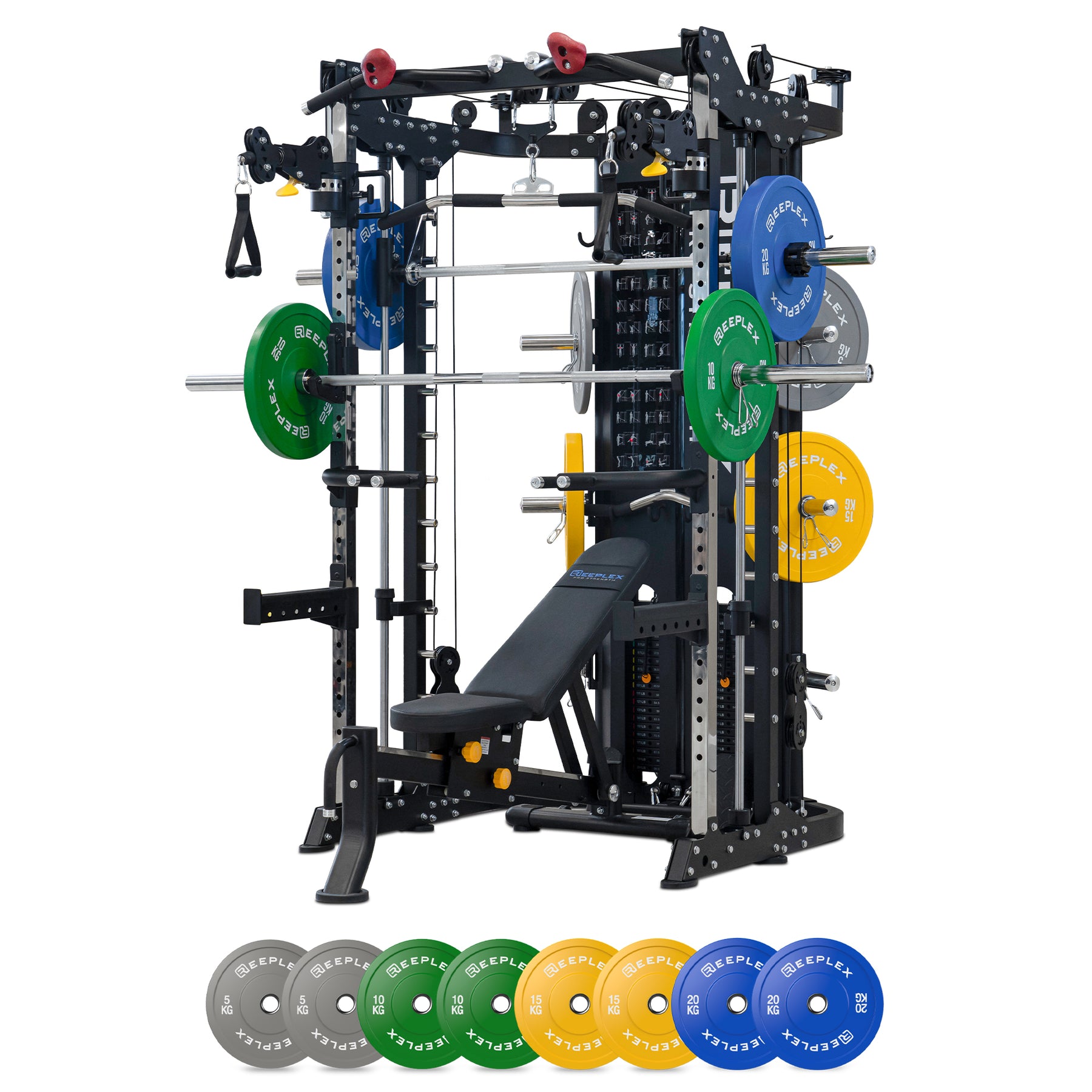 Reeplex CBT-PRO90 Multi-Functional Trainer + Adjustable Bench + 100kg Coloured Bumper Plates + 7ft Barbell