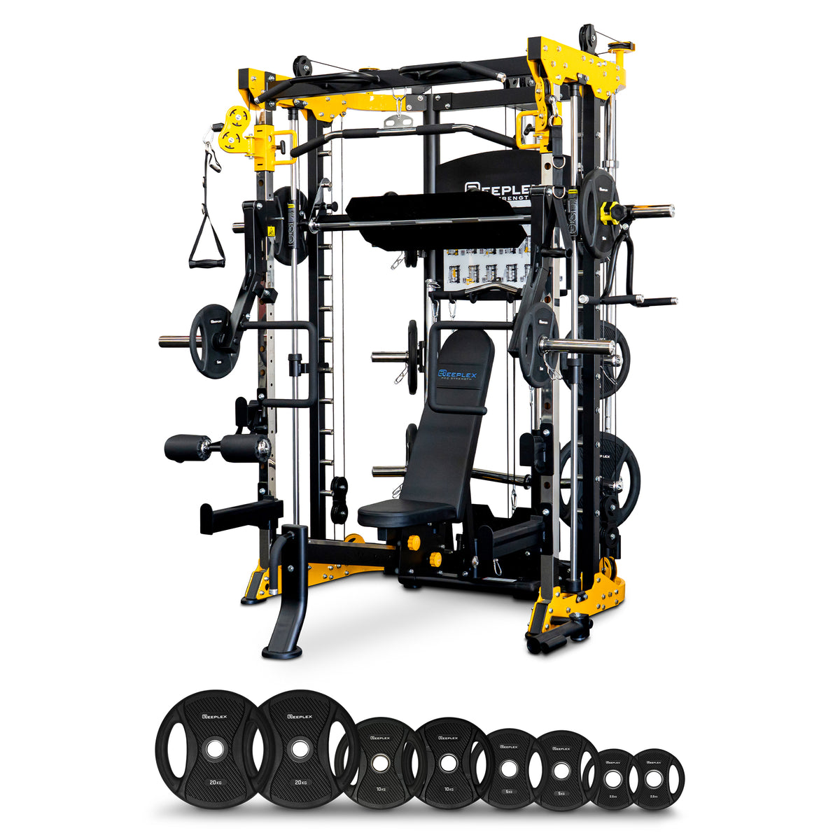 Reeplex CBT-PL Multi Station Gym + Fid Bench + Jammer Arms + Leg Press + 100kg PVC Weight Plates + Olympic Barbell