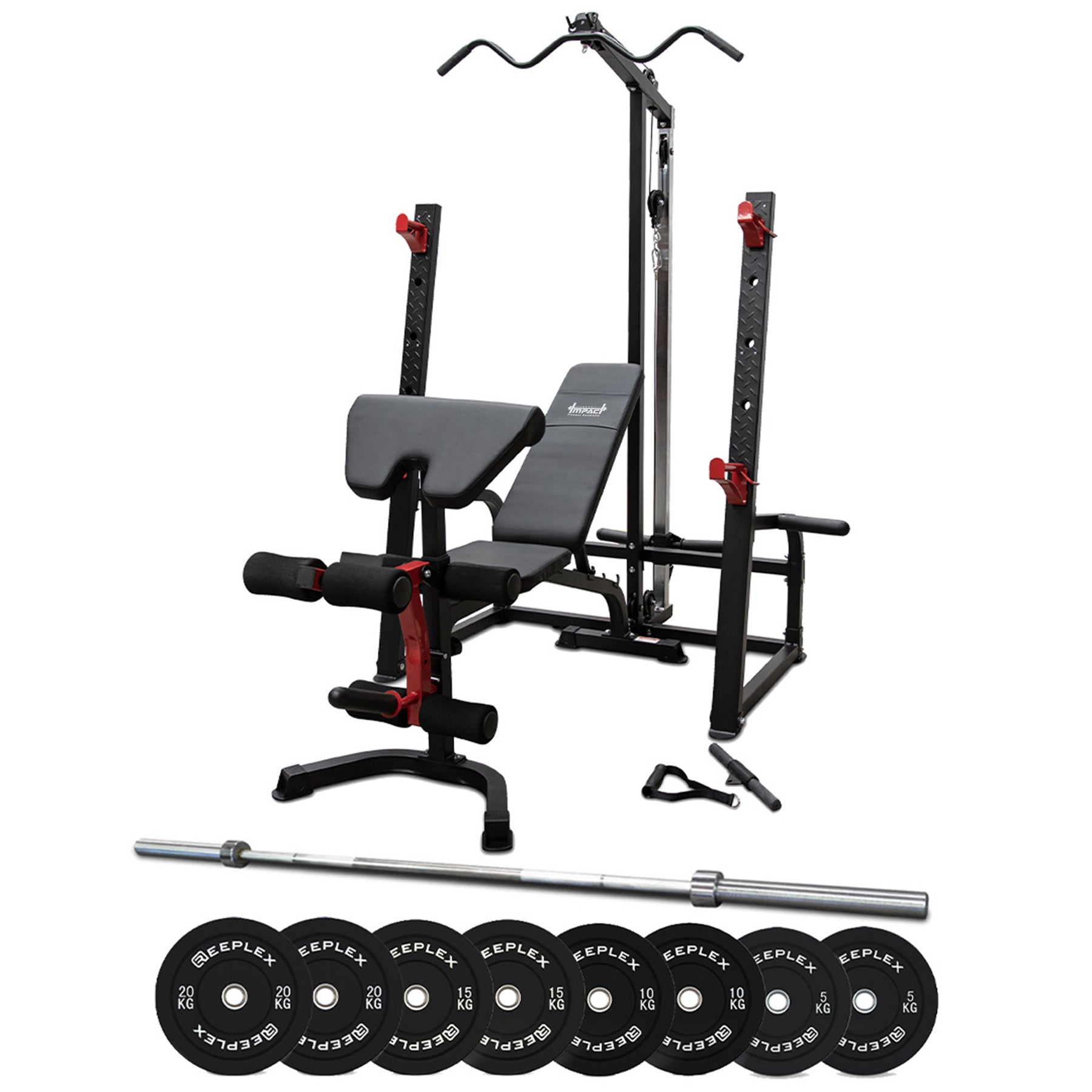 Impact Fitness Squat Rack Lat Pulldown + Adjustable Bench + 120kg Olympic Pro Bumper Weight Set