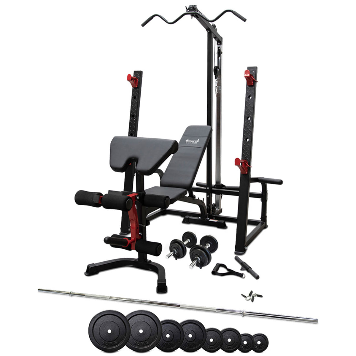 Impact Fitness Squat Rack / FID Bench Press + 115kg Standard Barbell + Dumbbell Weight Set