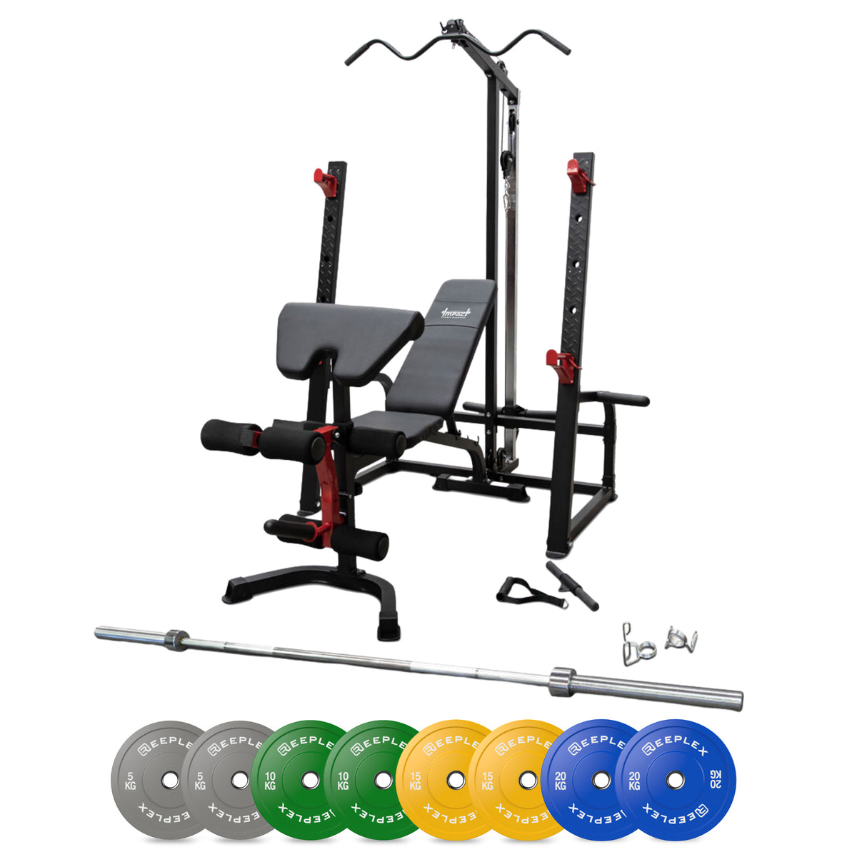 Impact Fitness Squat Rack Lat Pulldown + Adjustable Bench + 120kg Olympic Pro Coloured Bumper Weight Set