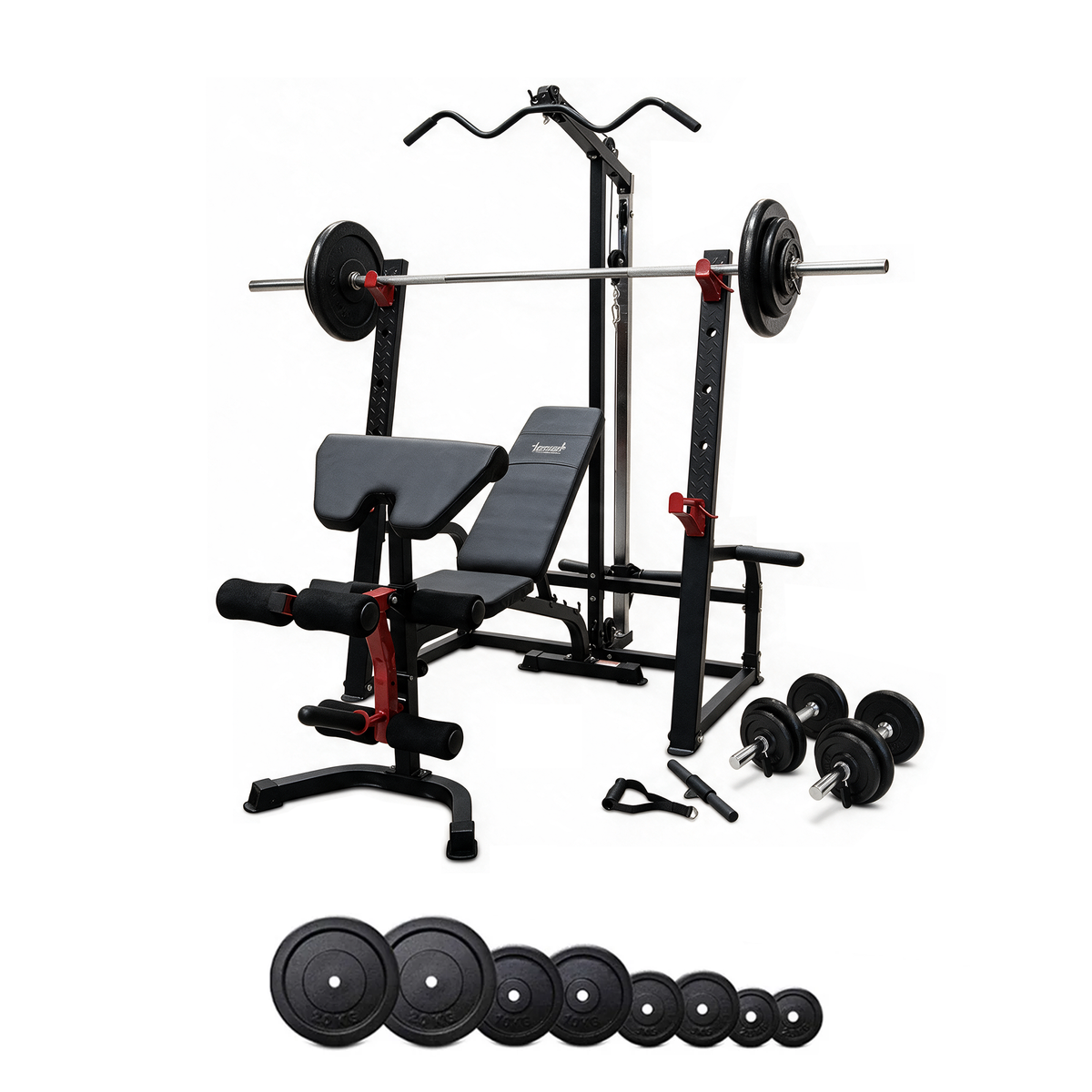 4 in 1 Squat Rack and Bench Press Package with 115kg Standard Plates, Lat Pulldown, Barbell, Dumbbells
