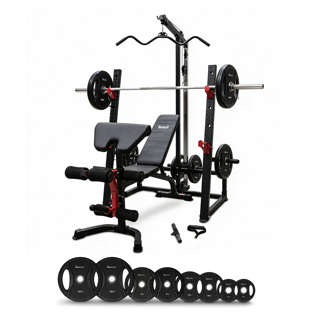 4 in 1 Squat Rack and Bench Press Package with 100kg PVC Olympic Plates, Lat Pulldown, 7ft Olympic Barbell