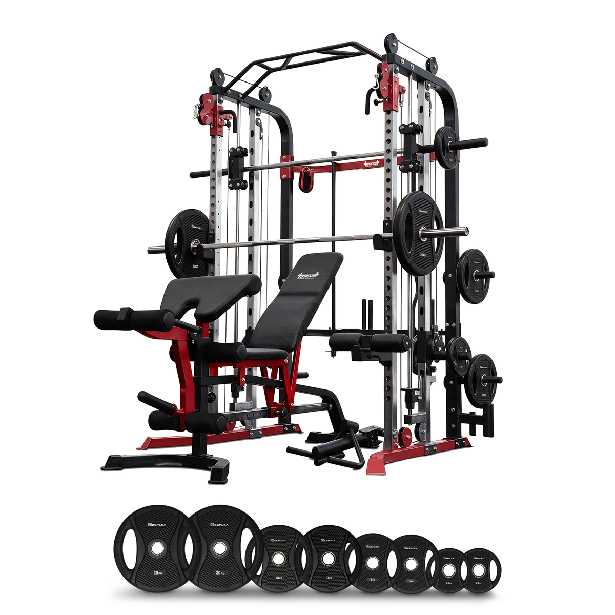 Impact Fitness MF5 Multi-Trainer + Adjustable Bench + Olympic PVC Weight Plates + Olympic Barbell