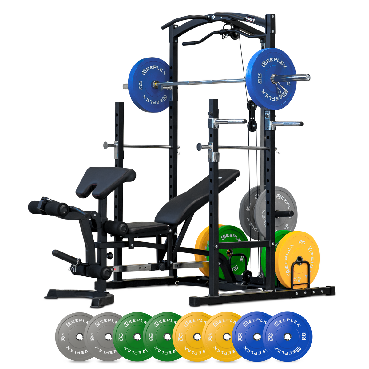 Squat Rack with Lat Pulldown + Adjustable Bench + 120kg Coloured Bumper Set