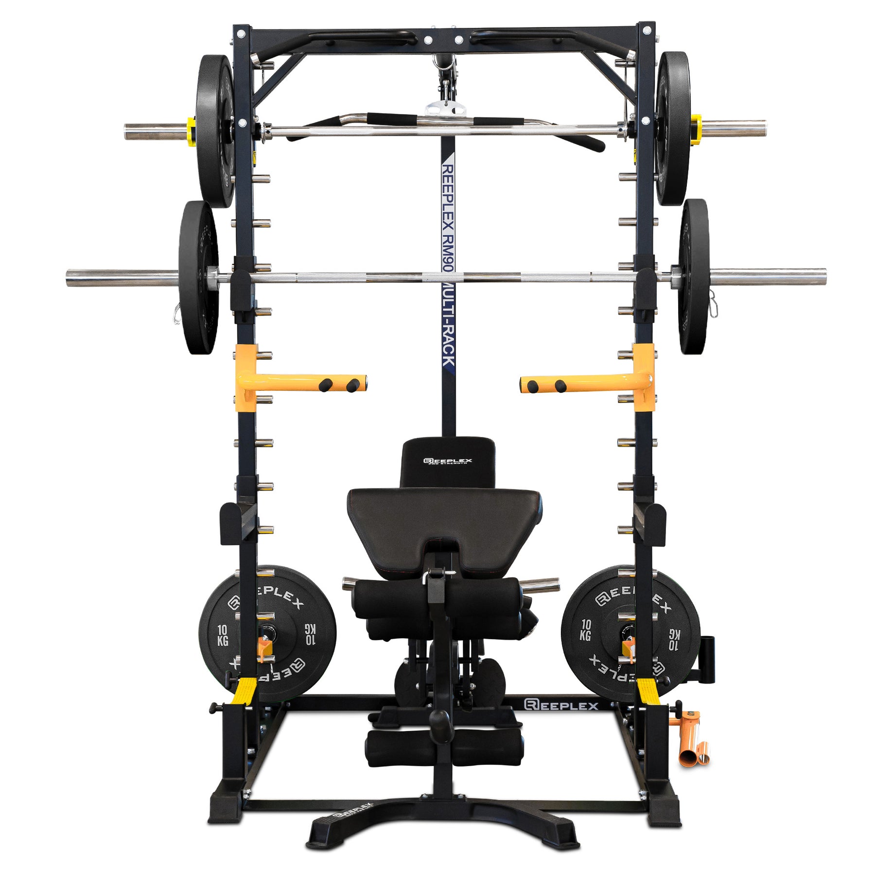 Reeplex RM90 Squat Rack + Smith Machine, Lat Pulldown, Adjustable Bench & 100kg Bumper Weights.