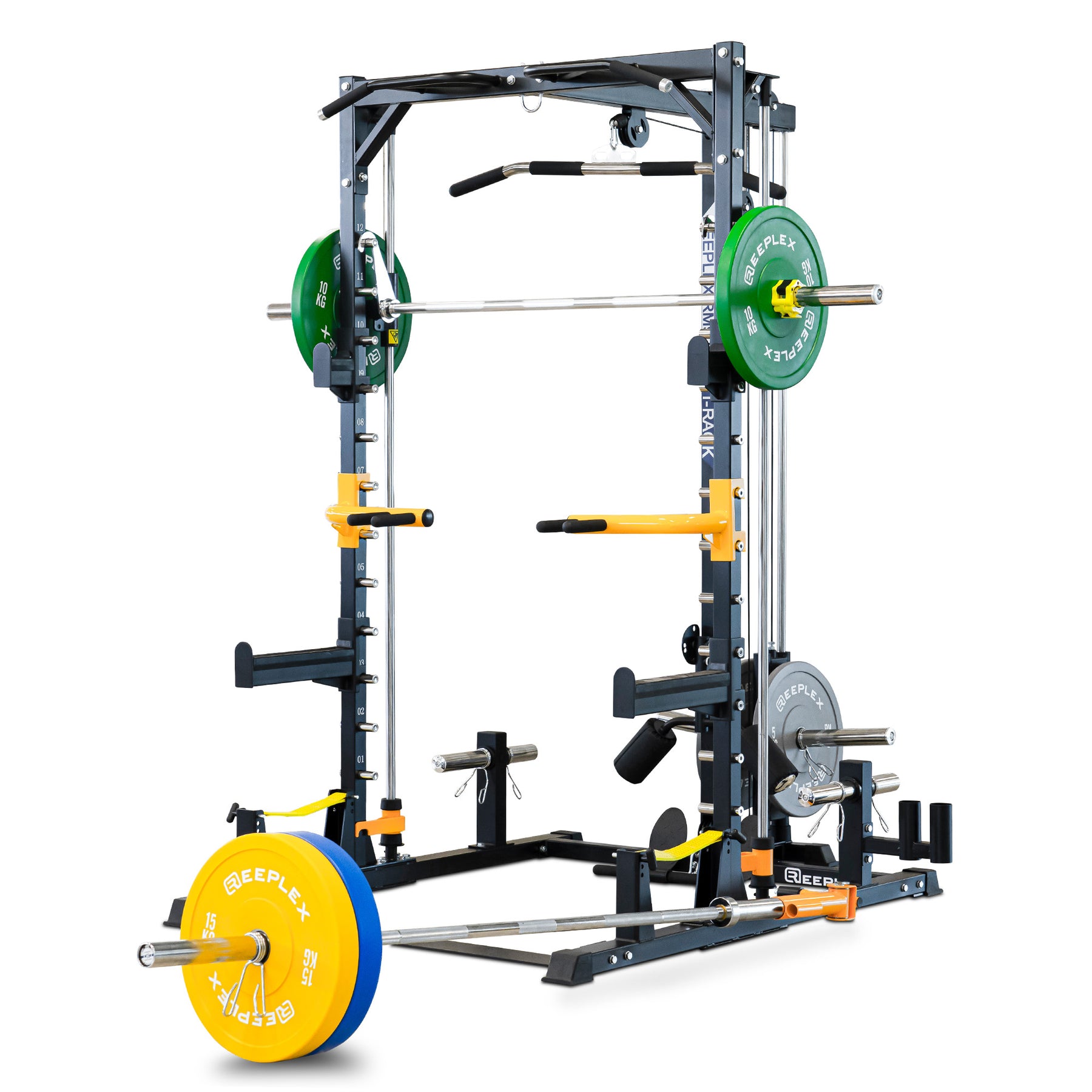 Reeplex RM90 Smith Machine + Squat Rack + Lat Pulldown + Bench + 100kg Bumper Weights