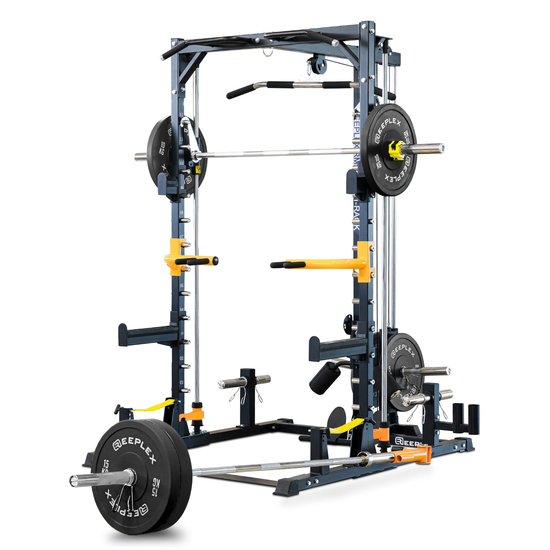 Reeplex RM90 Squat Rack + Smith Machine, Lat Pulldown, Adjustable Bench & 100kg Bumper Weights.