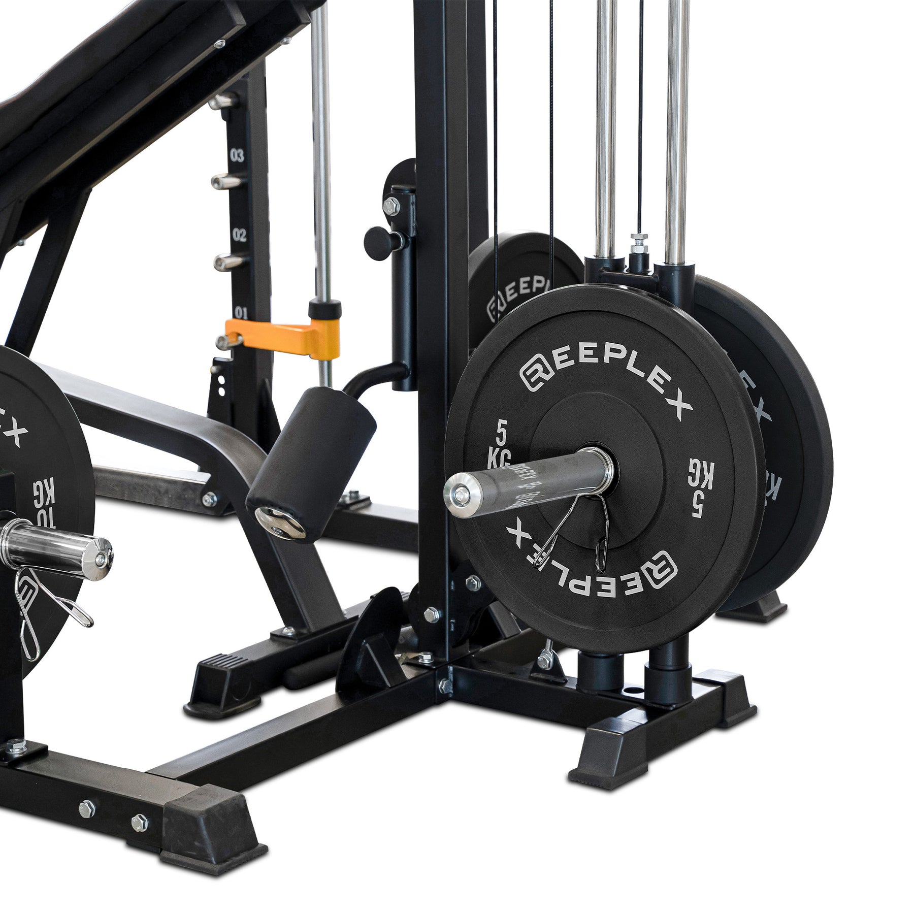 Reeplex RM90 Squat Rack + Smith Machine, Lat Pulldown, Adjustable Bench & 100kg Bumper Weights.