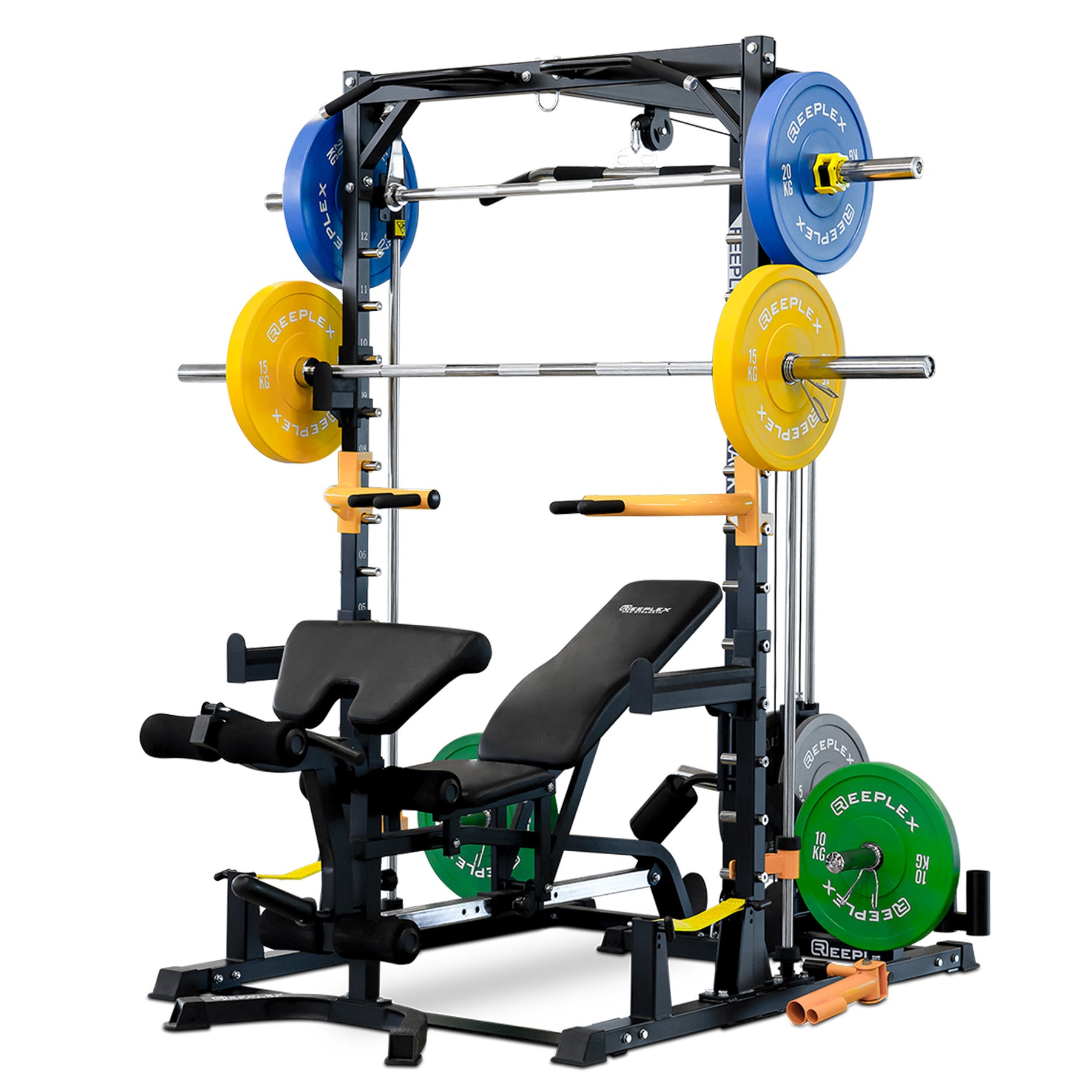 Reeplex RM90 Squat Rack with Smith Machine and Lat Pulldown + Adjustable Bench + 100kg Coloured Bumper Weight Set