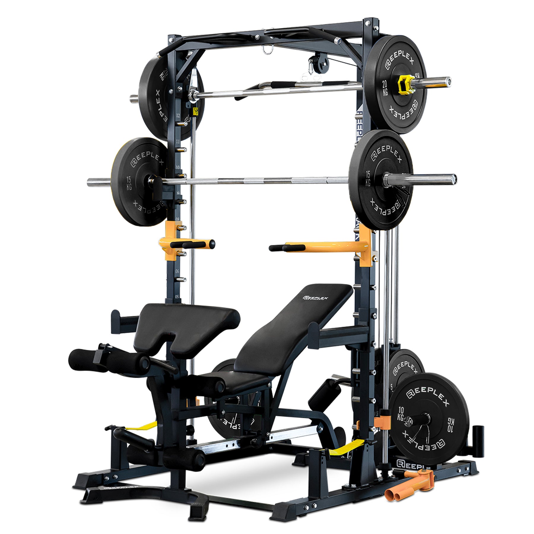 Reeplex RM90 Squat Rack + Smith Machine, Lat Pulldown, Adjustable Bench & 100kg Bumper Weights.
