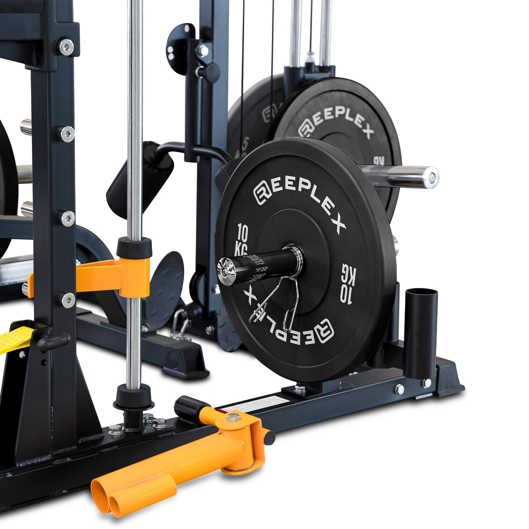 Reeplex RM90 Squat Rack + Smith Machine, Lat Pulldown, Adjustable Bench & 100kg Bumper Weights.