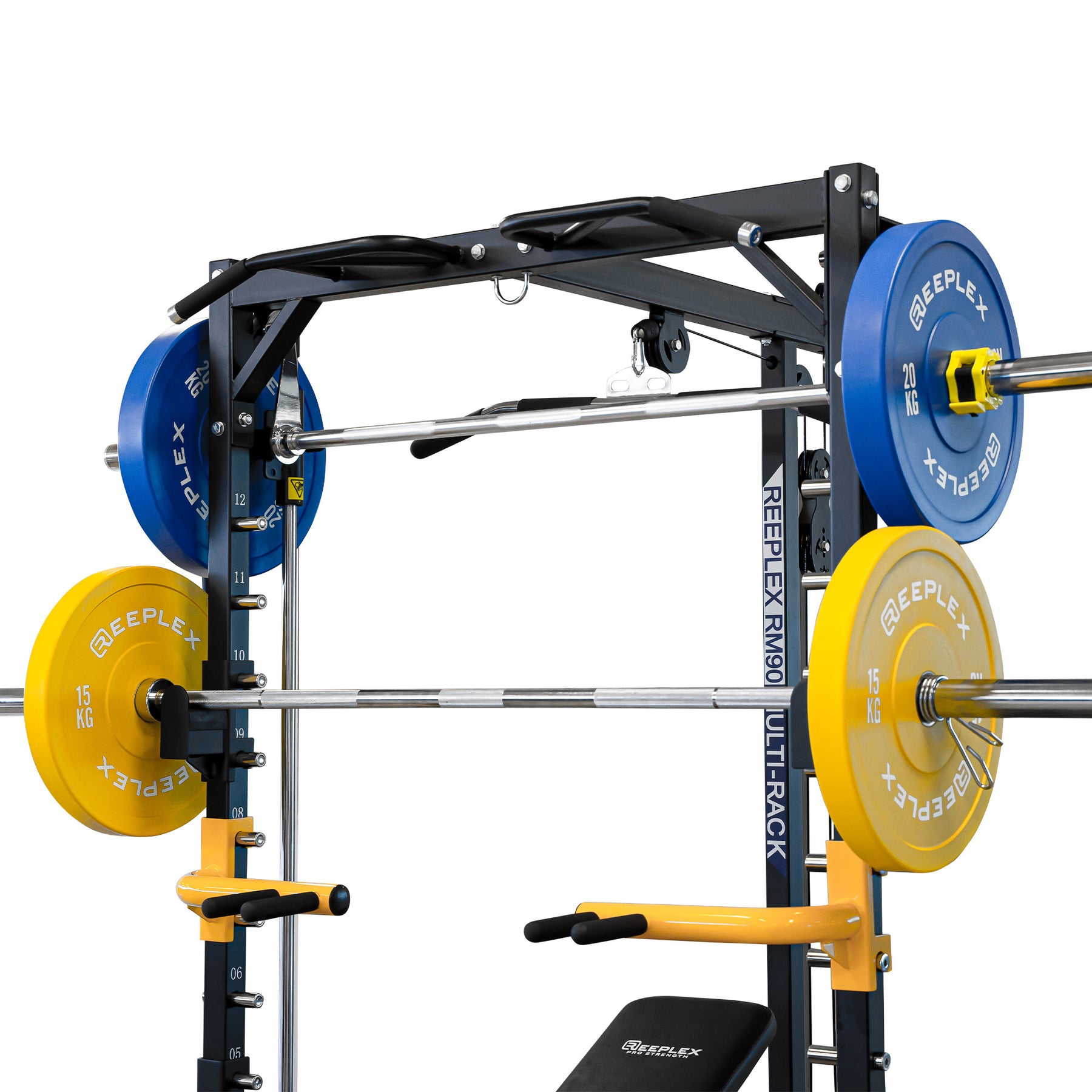 Reeplex RM90 Smith Machine + Squat Rack + Lat Pulldown + Bench + 100kg Bumper Weights