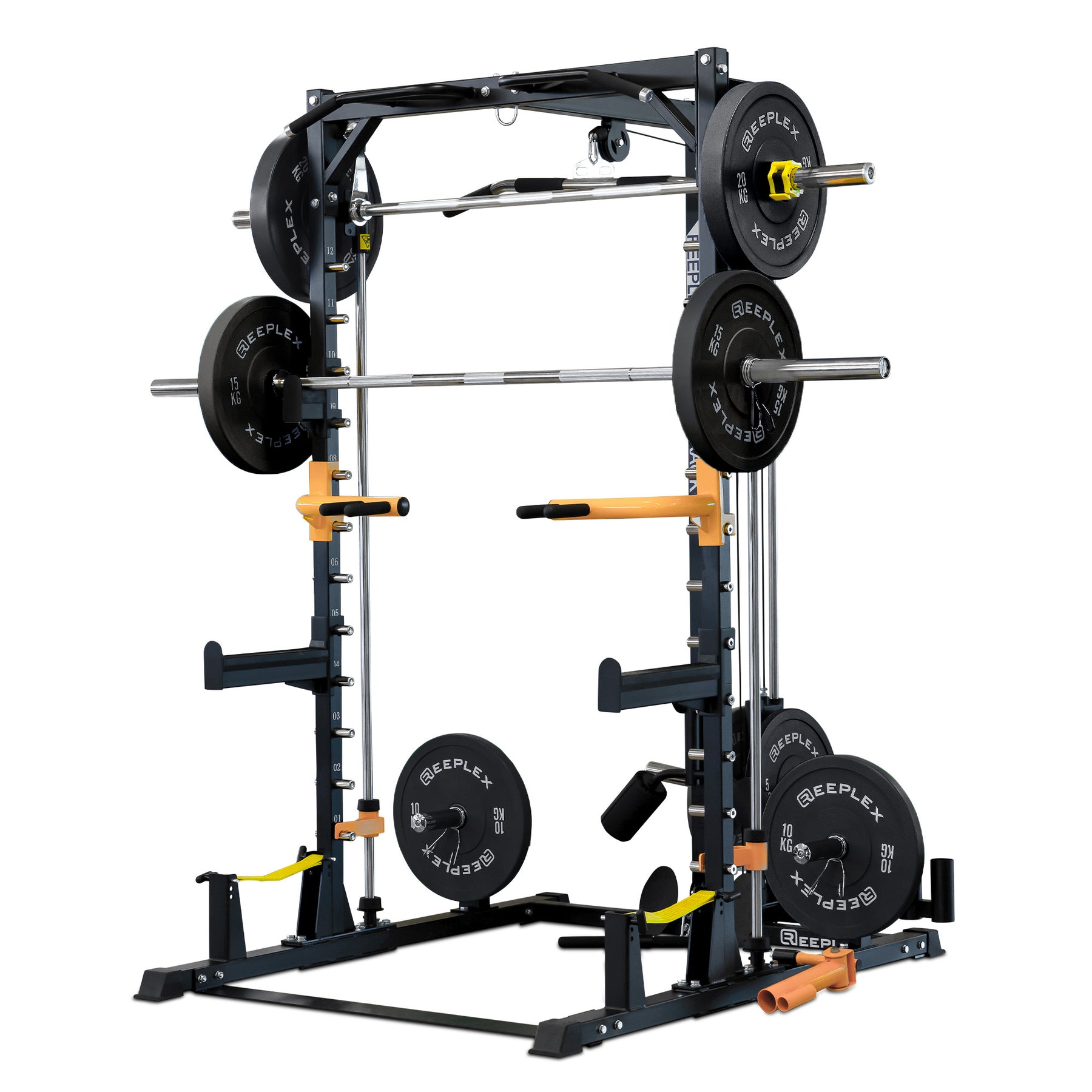 Reeplex RM90 Squat Rack + Smith Machine, Lat Pulldown, Adjustable Bench & 100kg Bumper Weights.