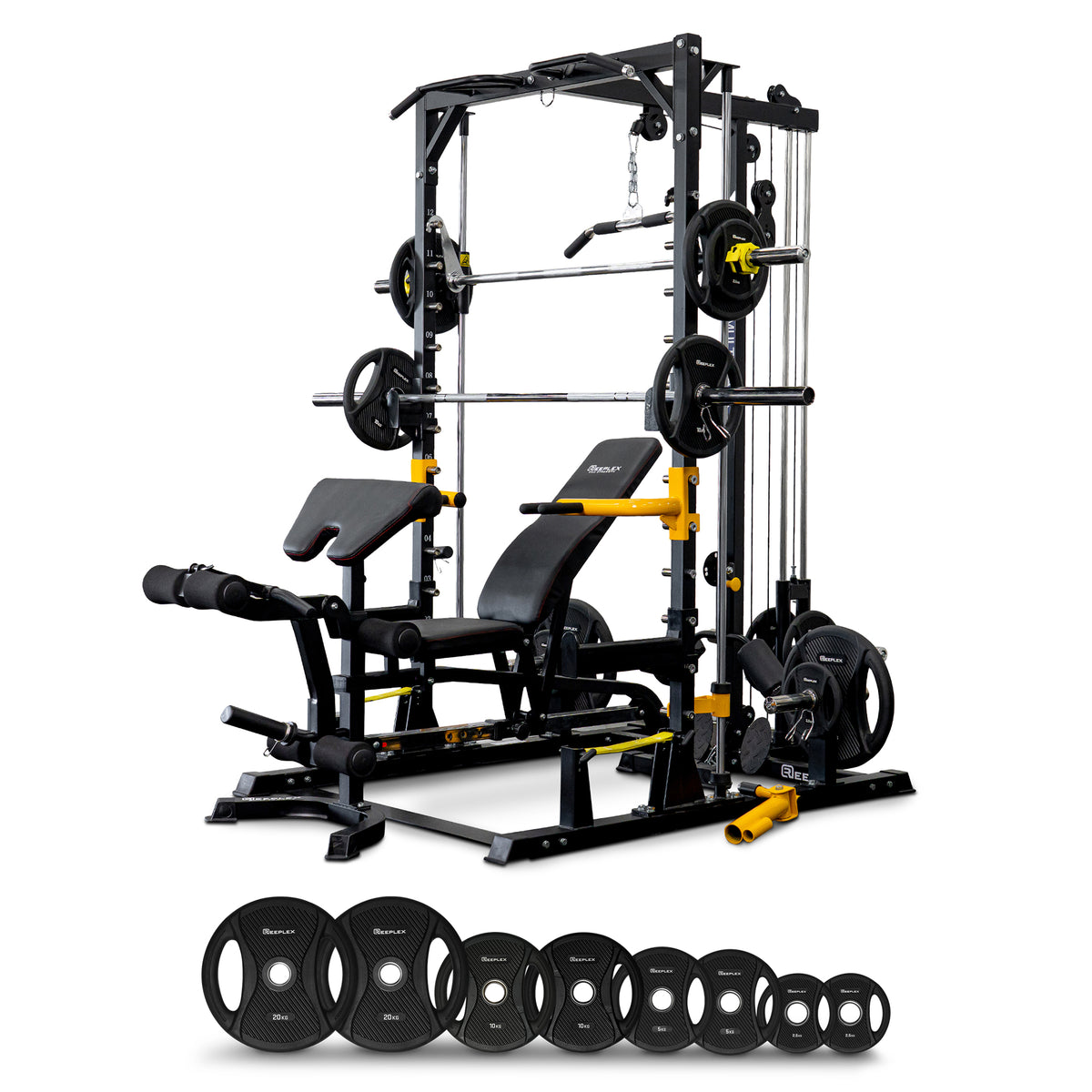 Reeplex RM90 Smith Machine + Squat Rack + Lat Pulldown Bench + 100kg PVC Olympic Weights