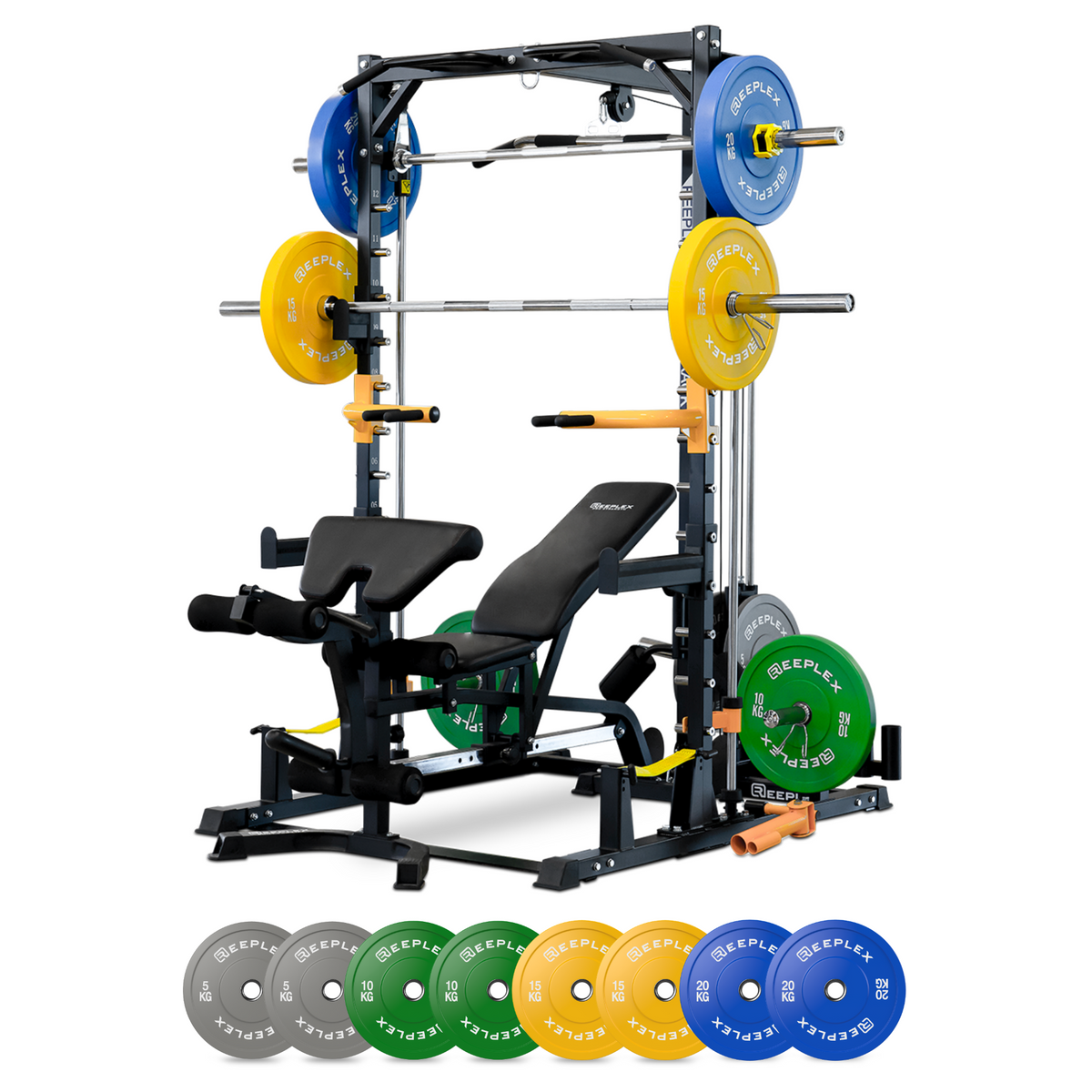 Reeplex RM90 Smith Machine + Squat Rack + Lat Pulldown + Bench + 100kg Bumper Weights