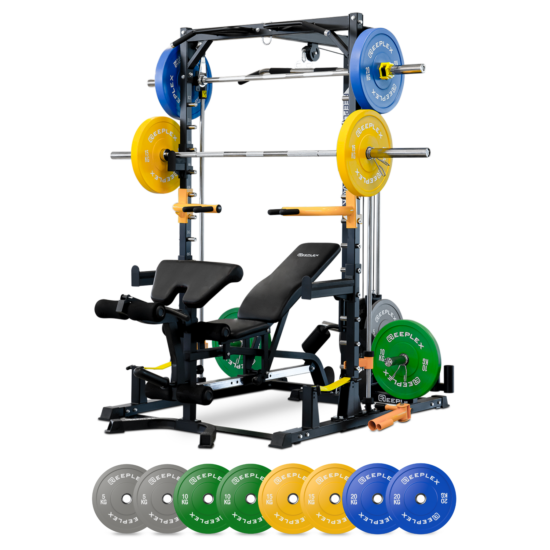 Reeplex RM90 Smith Machine + Squat Rack + Lat Pulldown + Bench + 100kg Bumper Weights