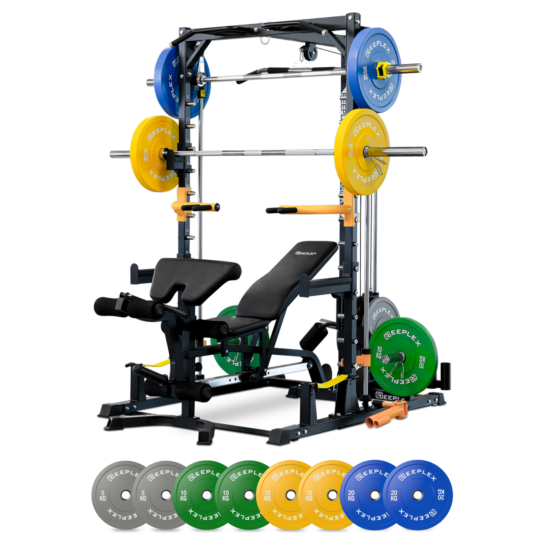 Reeplex RM90 Squat Rack with Smith Machine and Lat Pulldown + Adjustable Bench + 100kg Coloured Bumper Weight Set