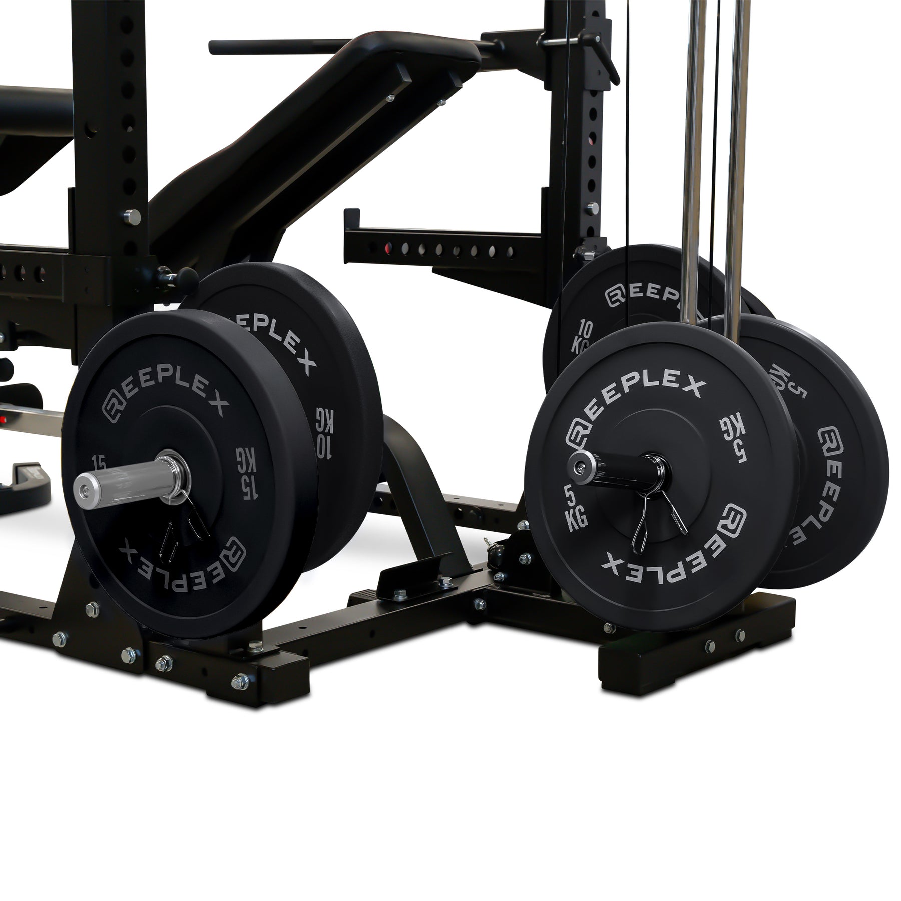 Reeplex RPR8 Squat Rack + Adjustable Bench + 100kg Black Bumper Weights + Barbell
