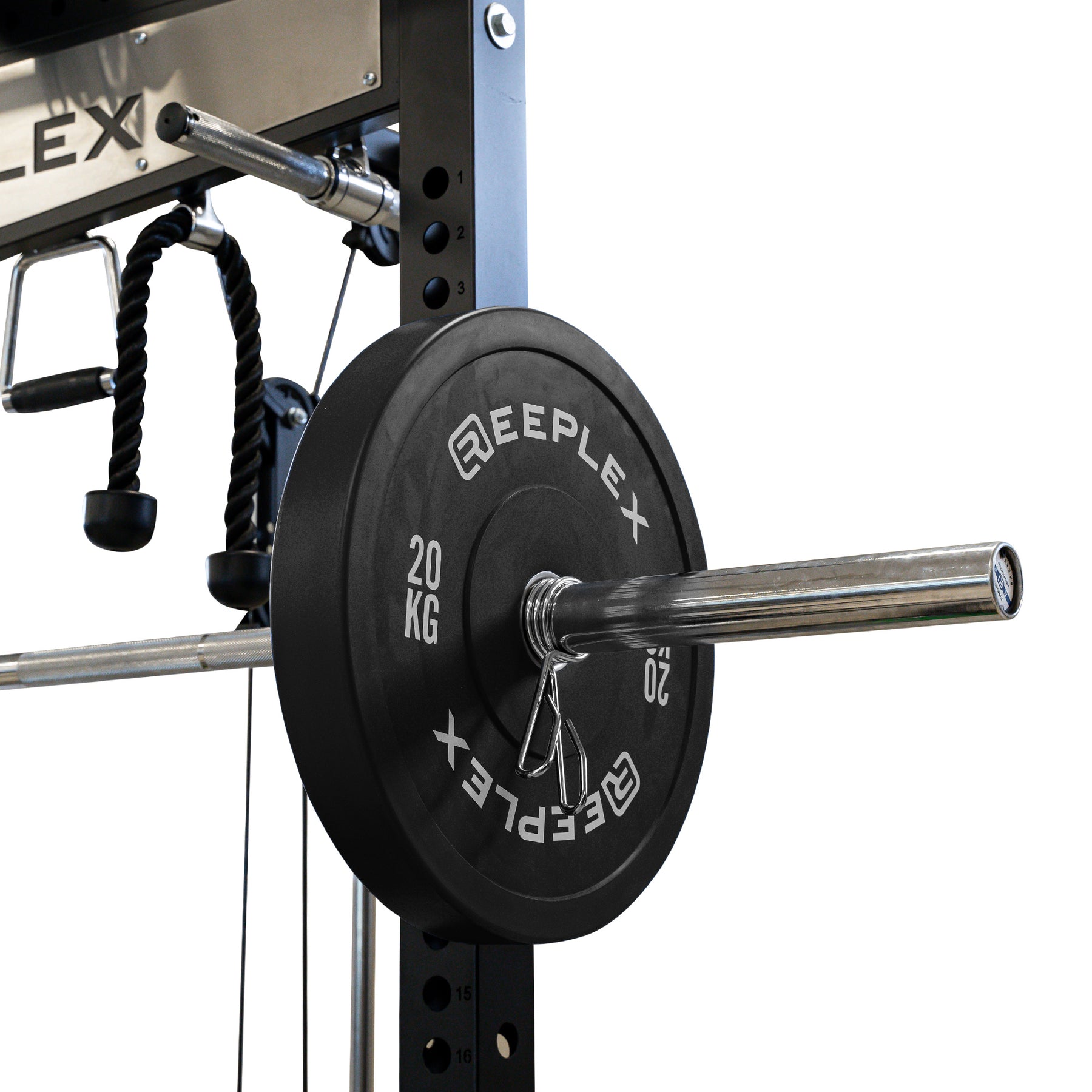Reeplex RPR8 Squat Rack + Adjustable Bench + 100kg Black Bumper Weights + Barbell
