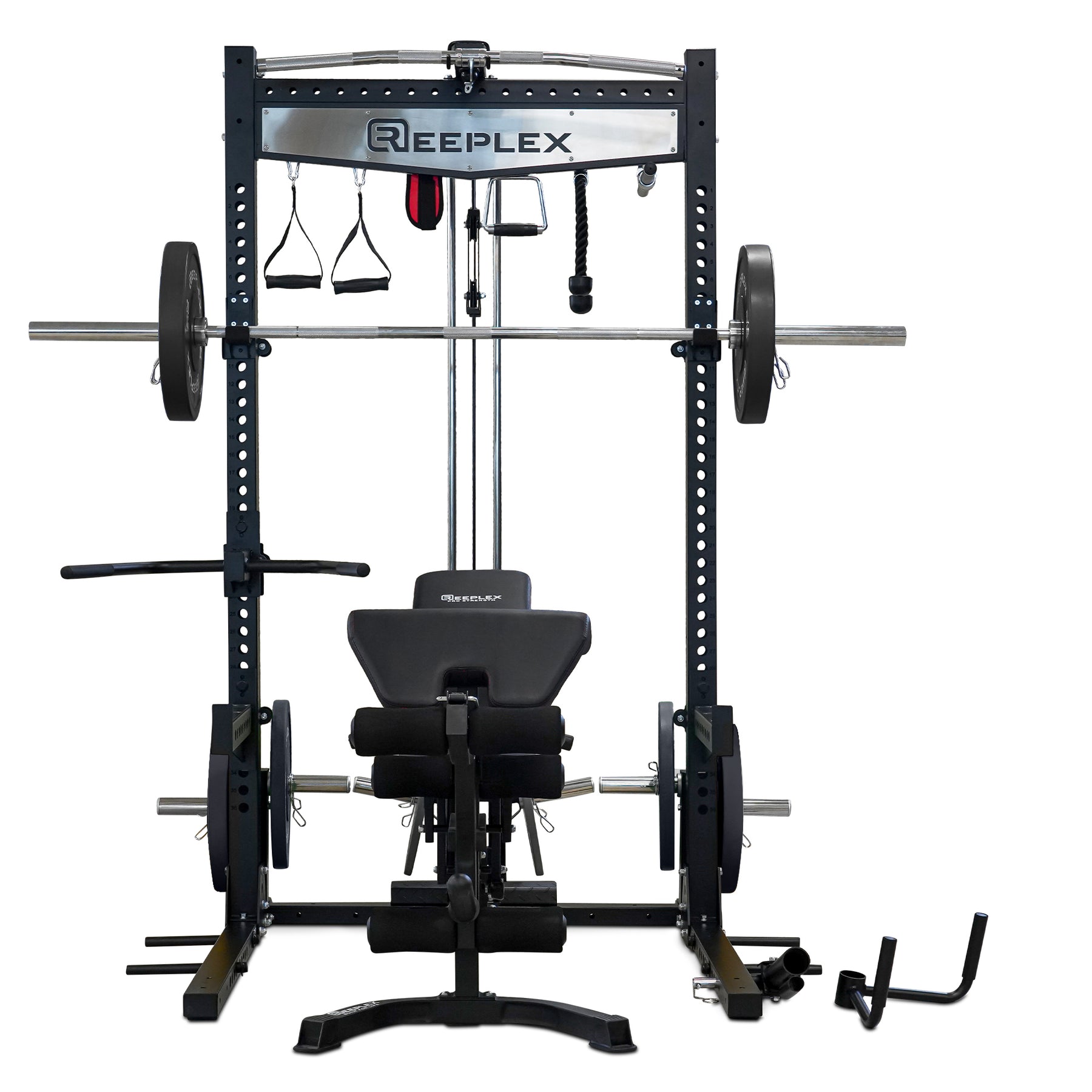 Reeplex RPR8 Squat Rack + Adjustable Bench + 100kg Black Bumper Weights + Barbell