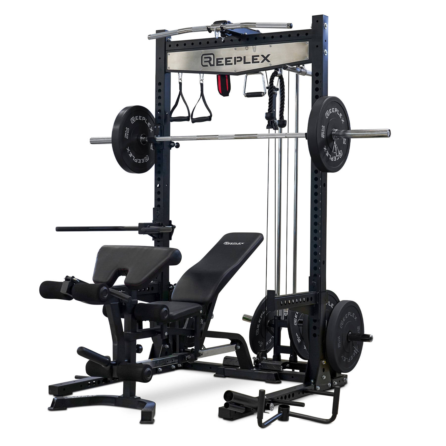 Reeplex RPR8 Squat Rack + Adjustable Bench + 100kg Black Bumper Weights + Barbell