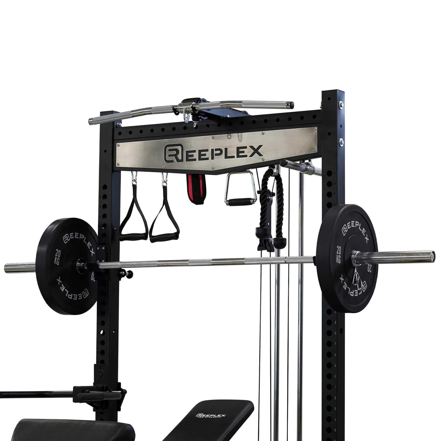 Reeplex RPR8 Squat Rack + Adjustable Bench + 100kg Black Bumper Weights + Barbell