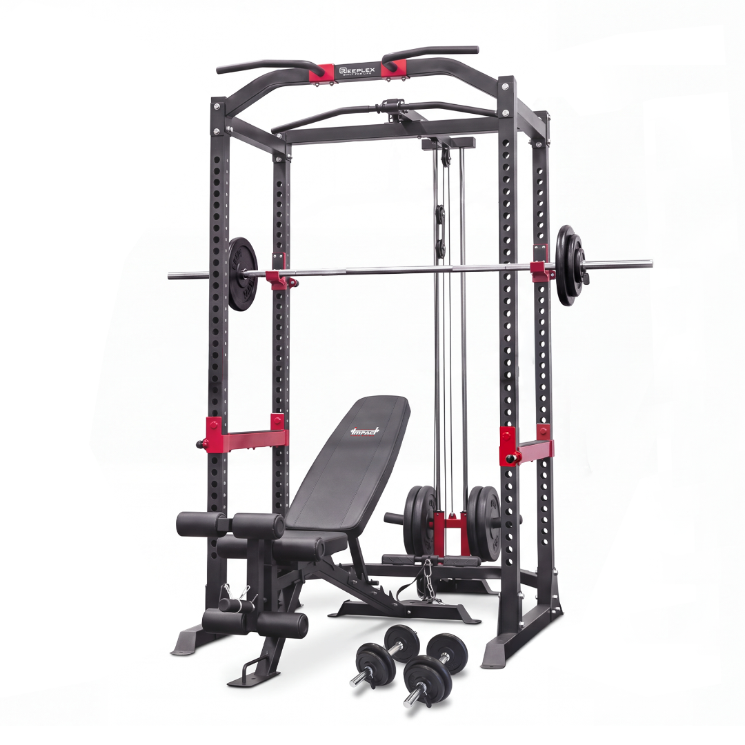 Reeplex Power Rack with Lat Pulldown + Adjustable Bench + 140kg Standard Weight Set