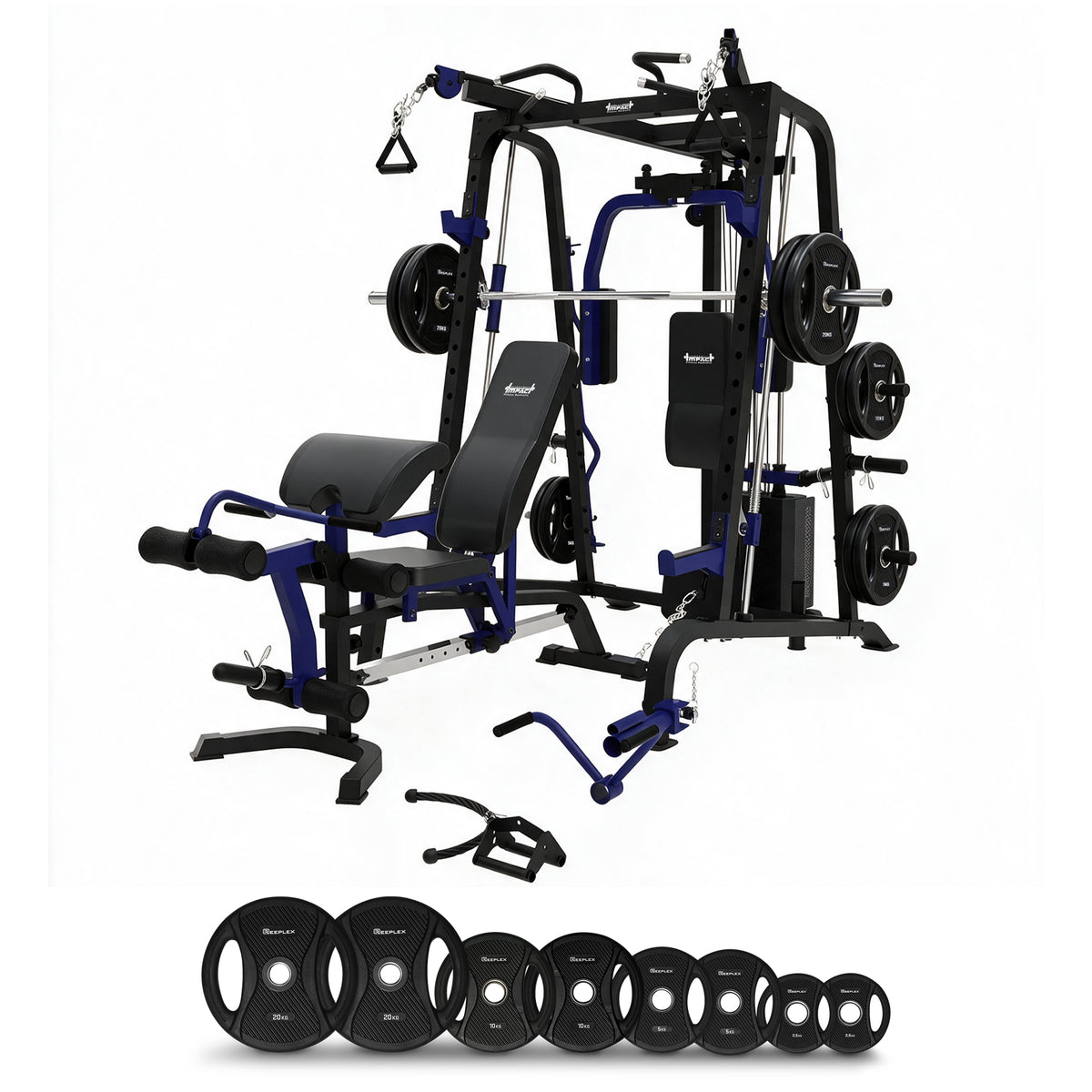 Multi-Station Gym with Smith Machine + Adjustable Bench + PVC Weight Plates & Olympic Barbell