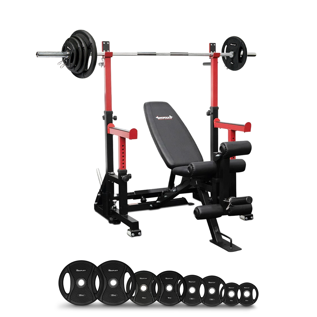 Reeplex SR10 Squat Rack + Adjustable Bench + 100kg PVC Olympic Barbell Set