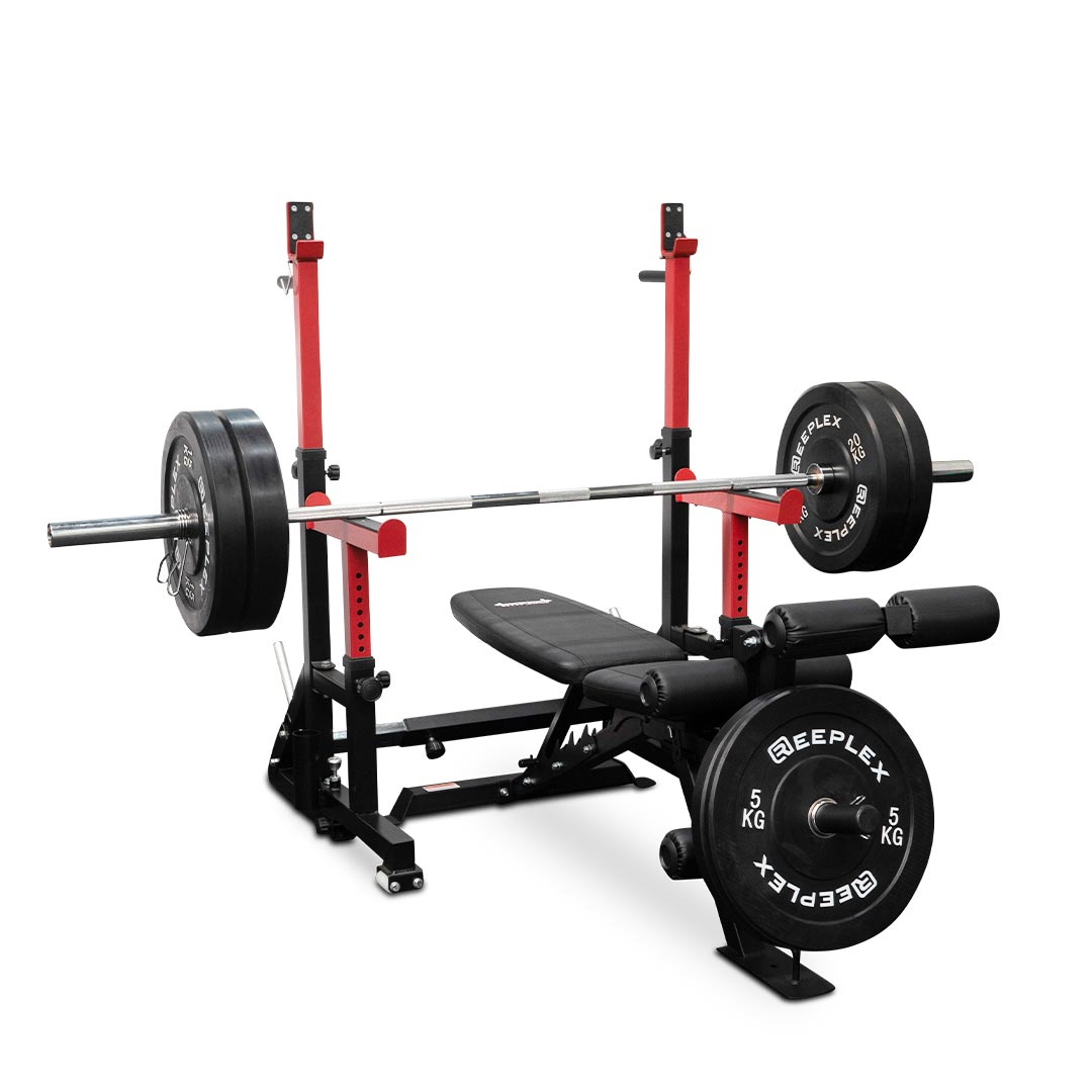 Reeplex SR10 Squat Rack + Adjustable Bench + 120kg Black Bumper Set