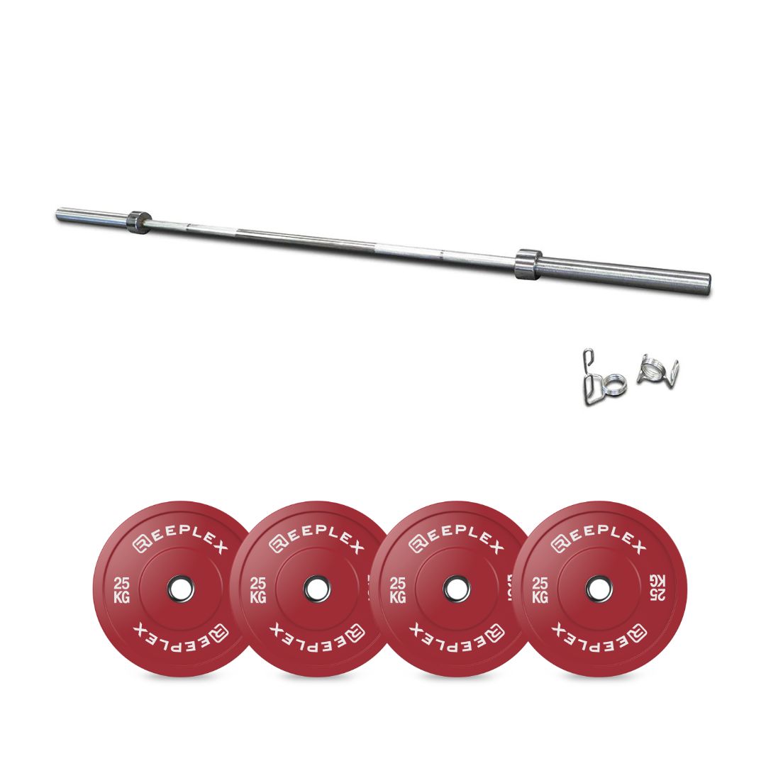 120kg Pro Olympic Barbell + Coloured Bumper Weight Set with Clips