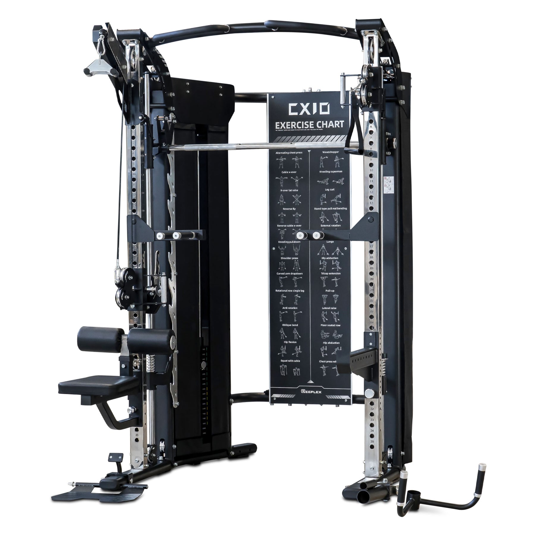 Reeplex CX10 Multi Functional Trainer + Adjustable Bench + 100kg Weight Plates + Barbell + Leg Press + Jammer Arms