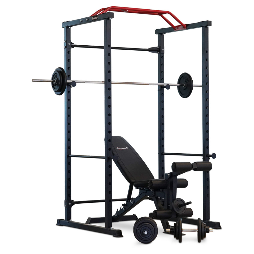 Squat Rack + Adjustable Bench + 110kg Barbell Weight Set + Dumbbells