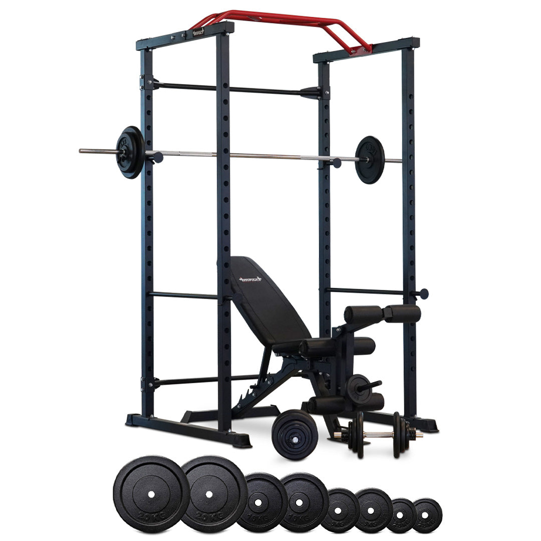 Squat Rack + Adjustable Bench + 110kg Barbell Weight Set + Dumbbells