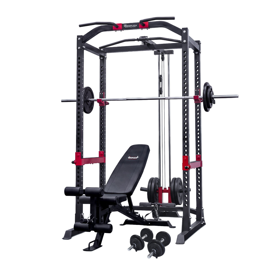 Reeplex Power Rack with Lat Pulldown + Adjustable Bench + 140kg Standard Weight Set