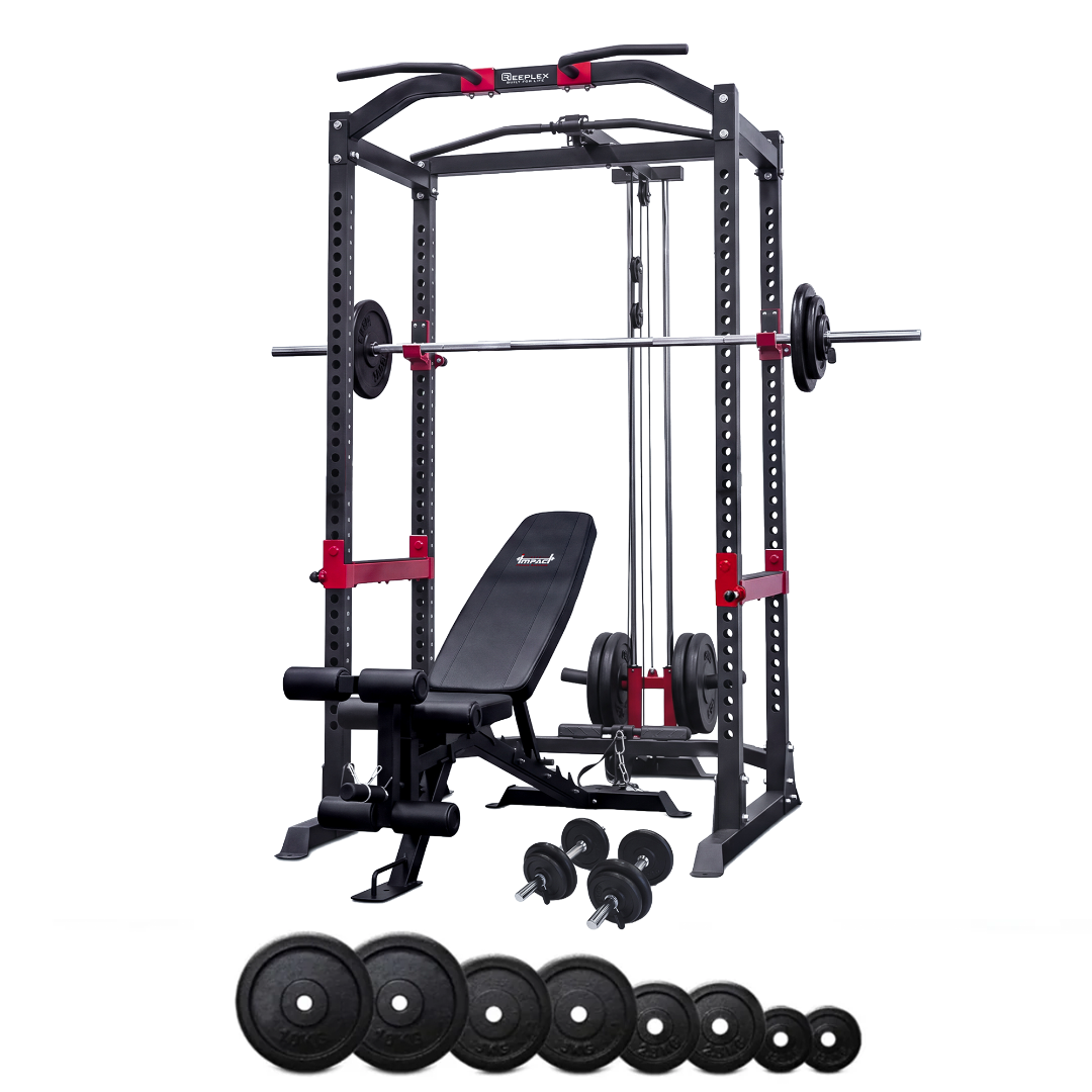 Reeplex Power Rack with Lat Pulldown + Adjustable Bench + 140kg Standard Weight Set
