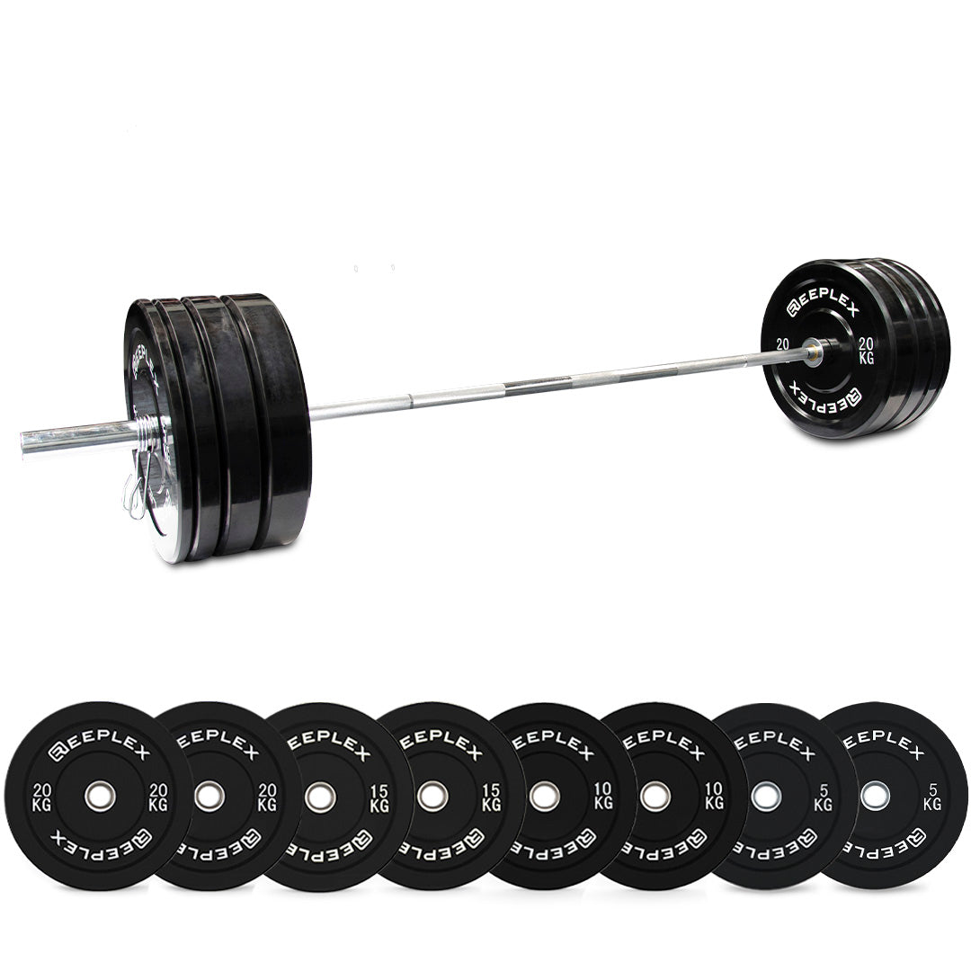 120kg Pro Olympic Barbell & Bumper Weight Set with Clips