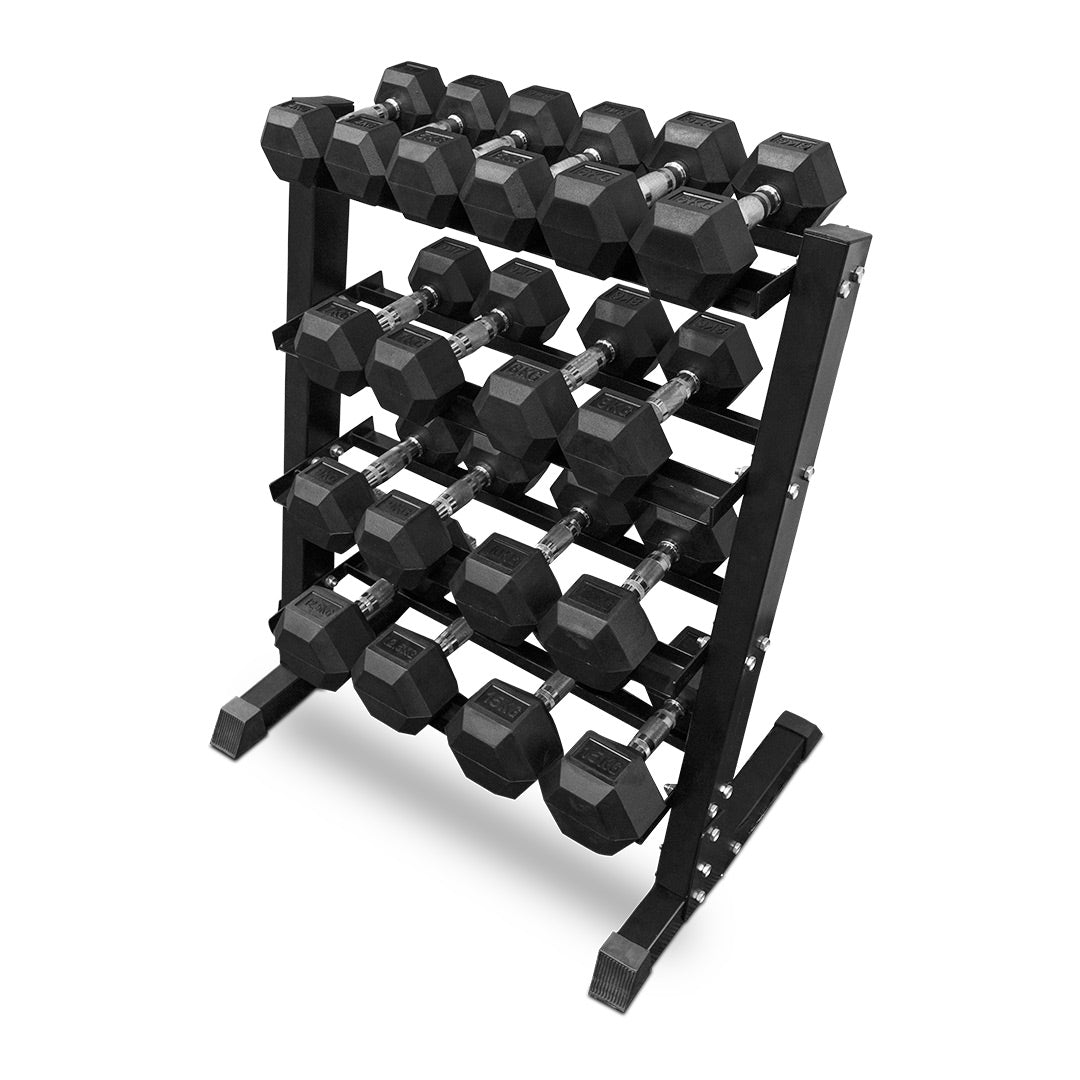 4-15kg Rubber Hex Dumbbell Set & Rack