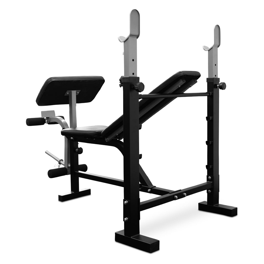 Impact BP5 Bench Press with Leg Extension + 55kg Standard Barbell Weight Set + Dumbbells