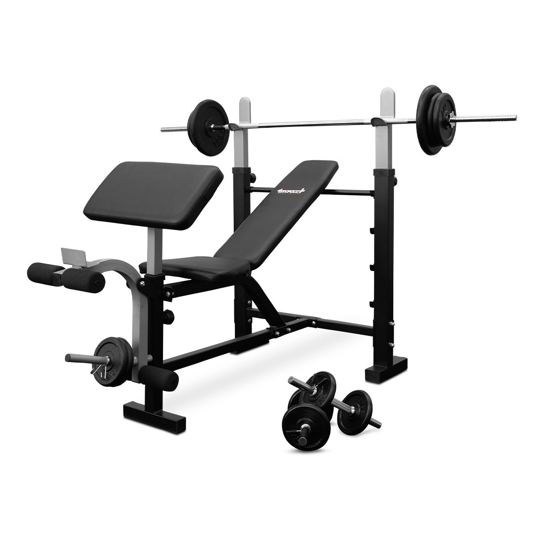 Impact BP5 Bench Press with Leg Extension + 55kg Standard Barbell Weight Set + Dumbbells